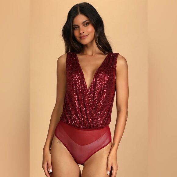 Lulus Evening of Wonder Burgundy Sequin Cowl Back Bodysuit size S - Picture 7 of 9